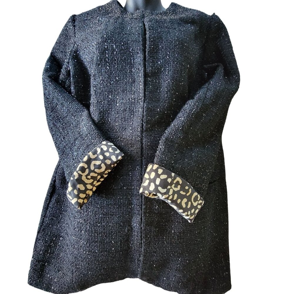 Chicos Black Tweed Open Front Jacket Tinsel Leopard Print Lining Size S 1